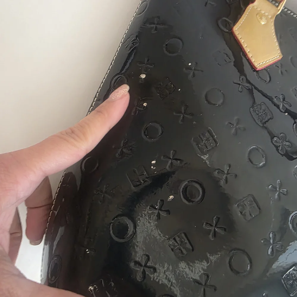 INVECE Blue Dark Patent Tote with Tan Handles - Women Bags.used,paint Defect.